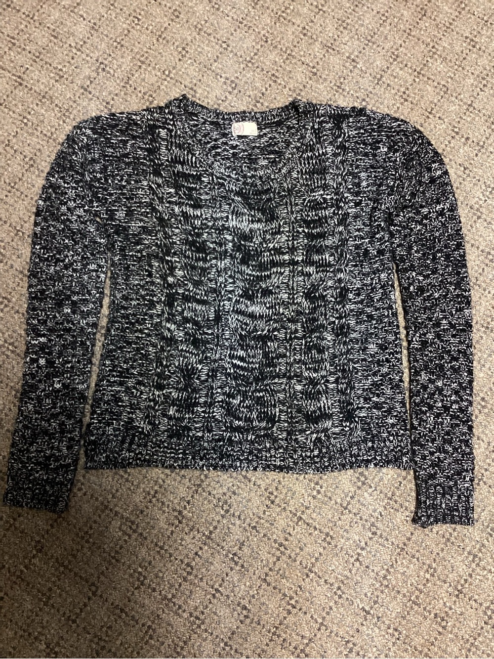 SO Black White Cable Knit Marled Crewneck Sweater * Size S